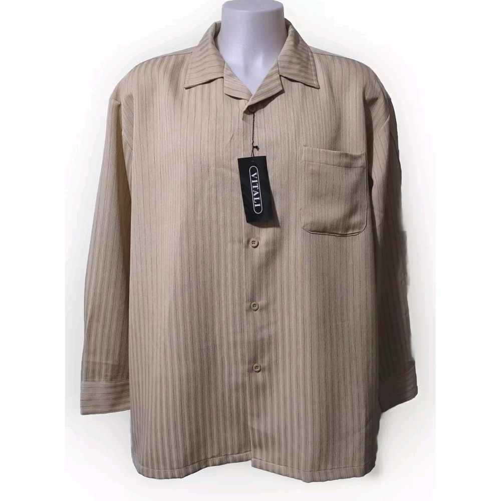 Vitali Shirt XXL Men Y2K Retro Norm Core Beige Pinstripe Long Sleeve Relaxed Fit